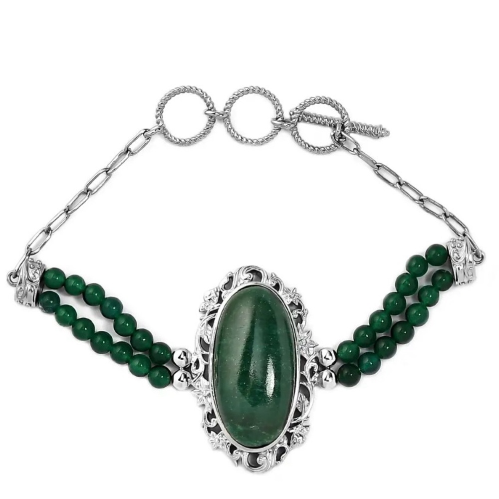 Green Adventurine & Green Onyx Paper Clip Toggle Bracelet Platinum Over Copper